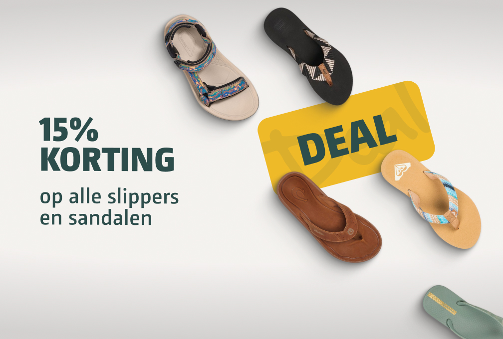 15% korting op alle slippers & sandalen