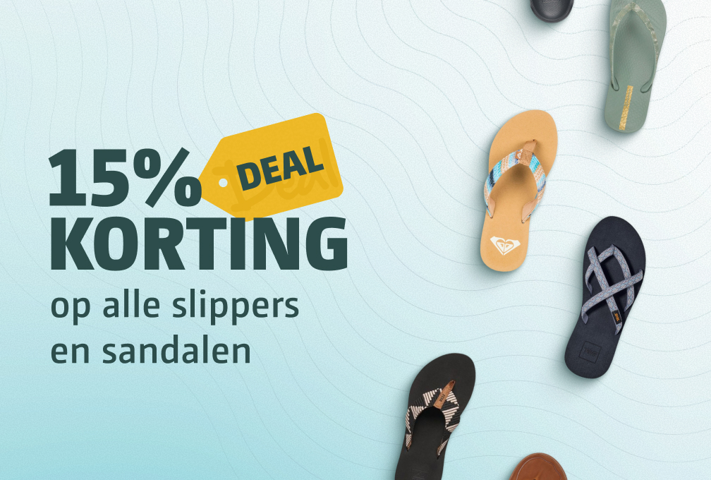 15% korting op alle slippers & sandalen
