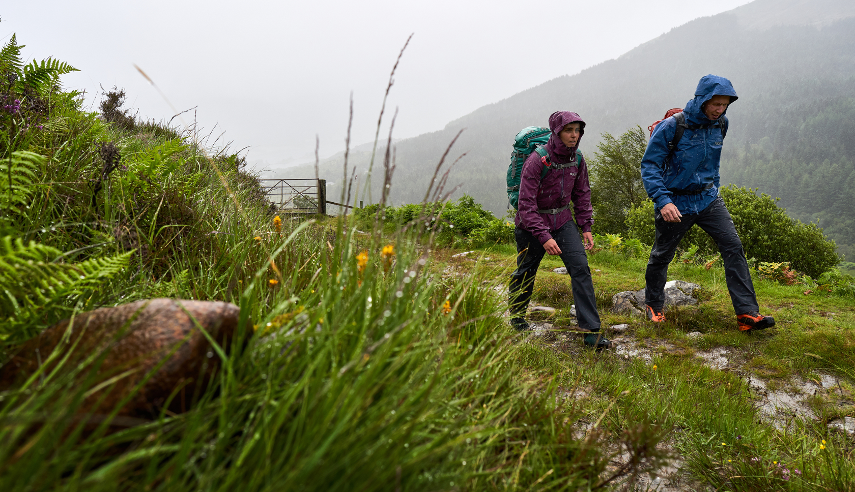 Twee mensen lopen met hun capuchon op door een groen landschap in de regen