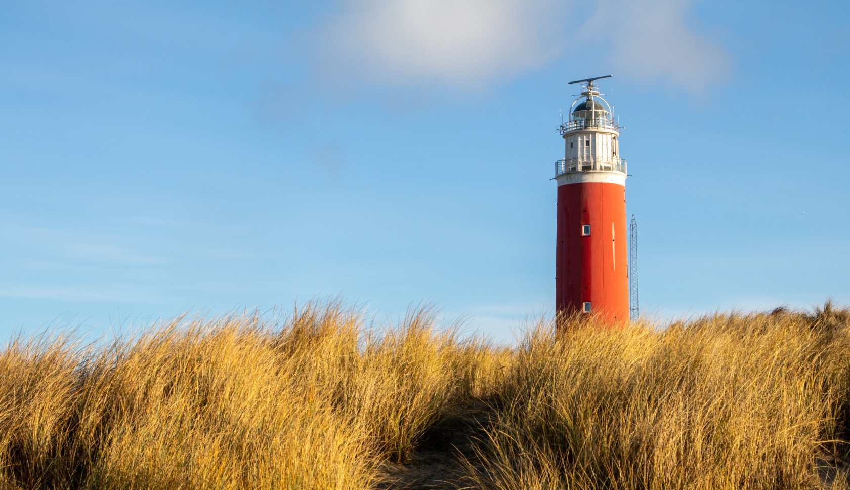 Een rood-witte vuurtoren torent uit boven duingras op Texel