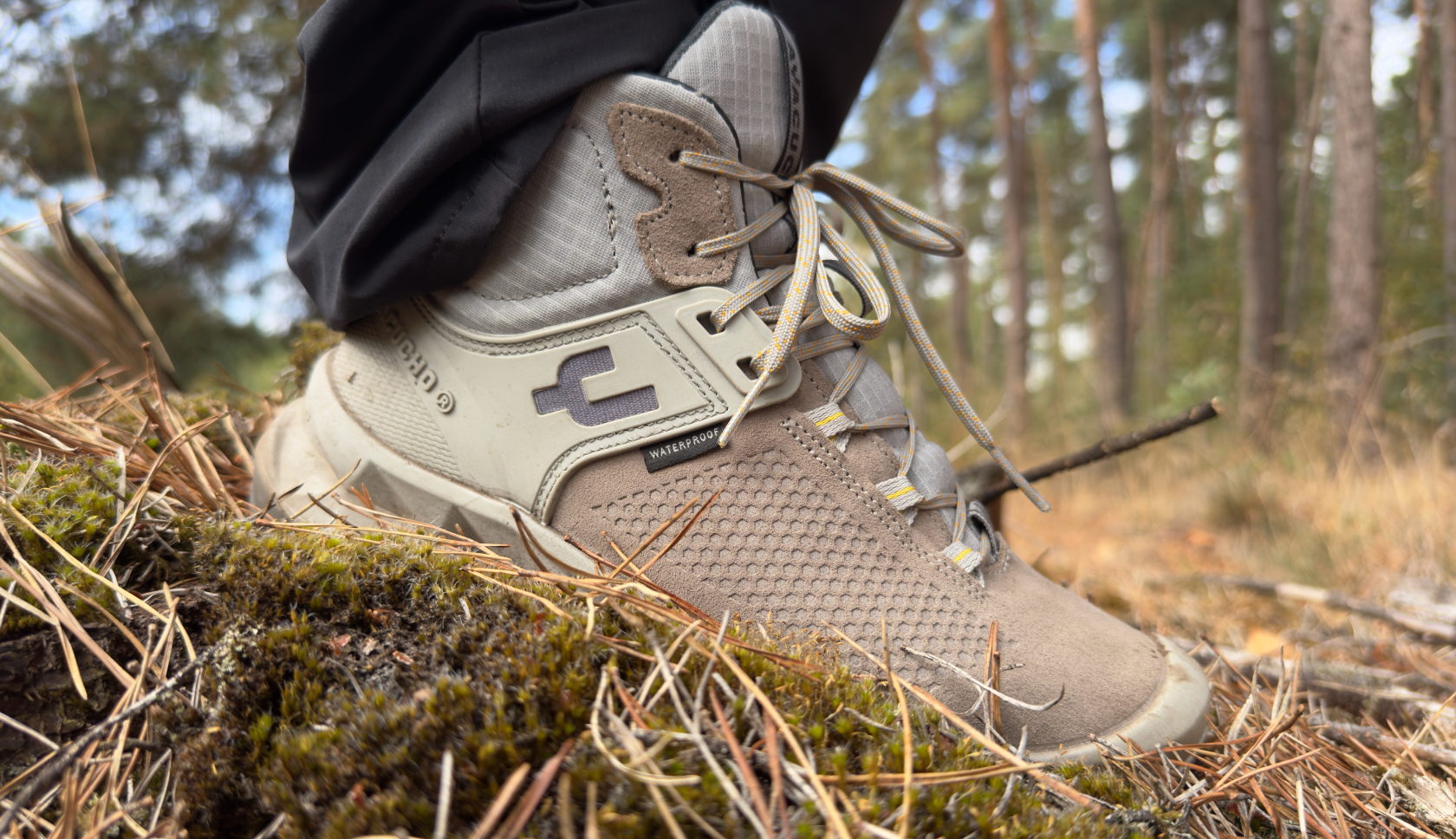 Close-up van de Ayacucho Cabrera Mid in het bos, een wandelschoen met focus op stabiliteit en grip