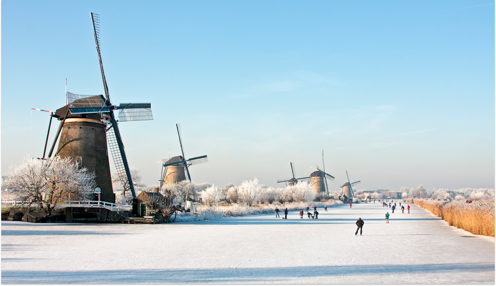 mensen schaatsen over natuurijs met molens in de achtergrond