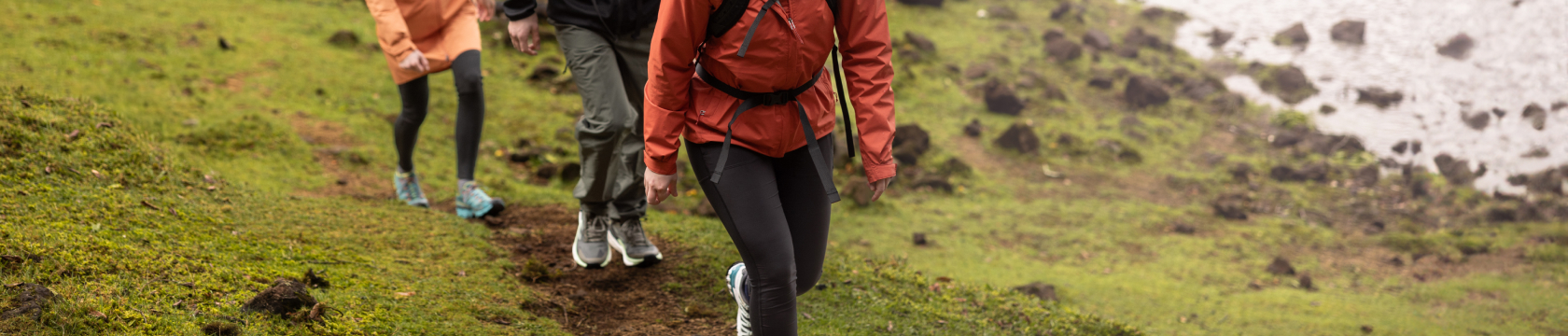 Groep wandelaars lopen door de natuur met wandelkleding aan